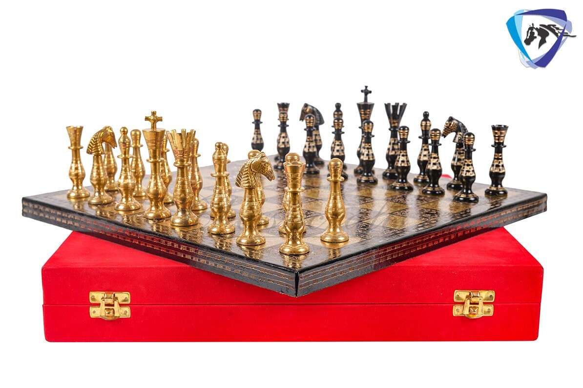 14" Solid Brass Metal Classical Hand carved Chess set- Soviet chess pieces in velvet storage box - Vintage Antique Chess -GOLD BLACK