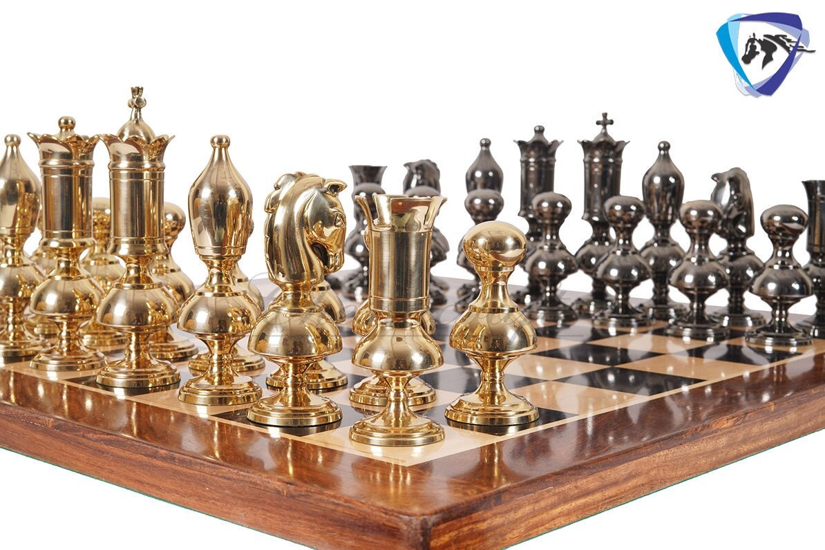 6" Brass Chess pieces set Big size Gold & black VICTORIAN series + 23" Ebonywood chess Board(sq: 60mm) + Leather Storage Box for chess men