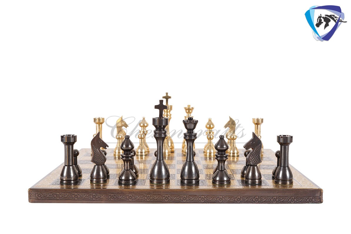 14" Solid Brass Metal Chess set- Apple bottom chess men Carved with velvet storage box - Vintage antique set- Brass Chess board set.