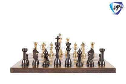 14" Solid Brass Metal Chess set- Apple bottom chess men Carved with velvet storage box - Vintage antique set- Brass Chess board set.