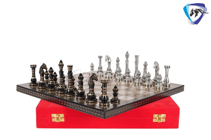 14" Solid Brass Metal Classic CONTEMPORARY Hand carved Chess set- Slim chess men Carving with velvet storage box - Brass chess board set