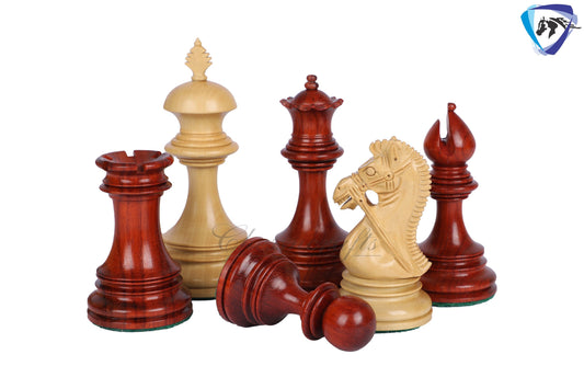 Wooden Staunton Chess Set-King: 4.5" Bud Rose wood -BRIDLED  + 21" Bud Rose wood Chess board STEP BORDER with Storage Box.