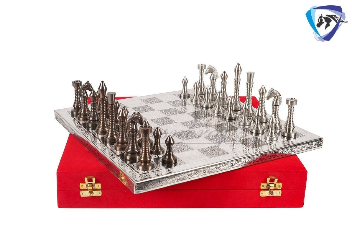 14" Solid Brass Metal CLASSICAL MEENAKARI Hand carved Chess set- Slim chess men Carving with velvet storage box - Brass chess board set