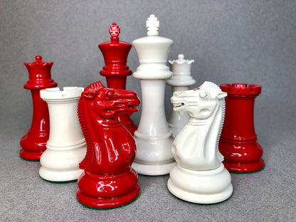 Reproduced 1849 Original Staunton Pattern Chess Set in Lacquer Painted Red & Ivory White - 4.5" King- Triple weighted 2 Extra queens
