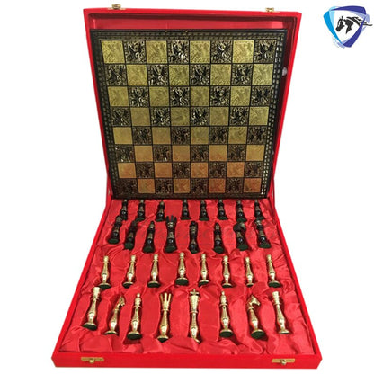 14" Solid Brass Metal Classical Hand carved Chess set- Soviet chess pieces in velvet storage box - Vintage Antique Chess -GOLD BLACK