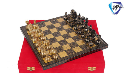 14" & 12" Brass Metal Chess Board Game Set Hand Carved With Brass chess pieces - Chess Board Set With Box-Velvet(Gold - Black)