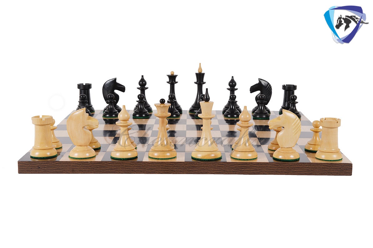 COMBO of 1950 Soviet(Russian) Latvian Chess Pieces Set in Ebonised boxwood With 60mm(19") Ebonywood Borderless Chess board