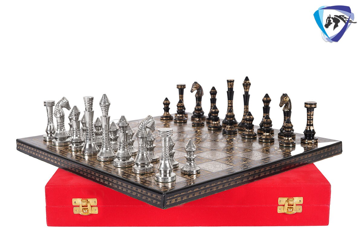 14" Solid Brass Metal Classic CONTEMPORARY Hand carved Chess set- Slim chess men Carving with velvet storage box - Brass chess board set