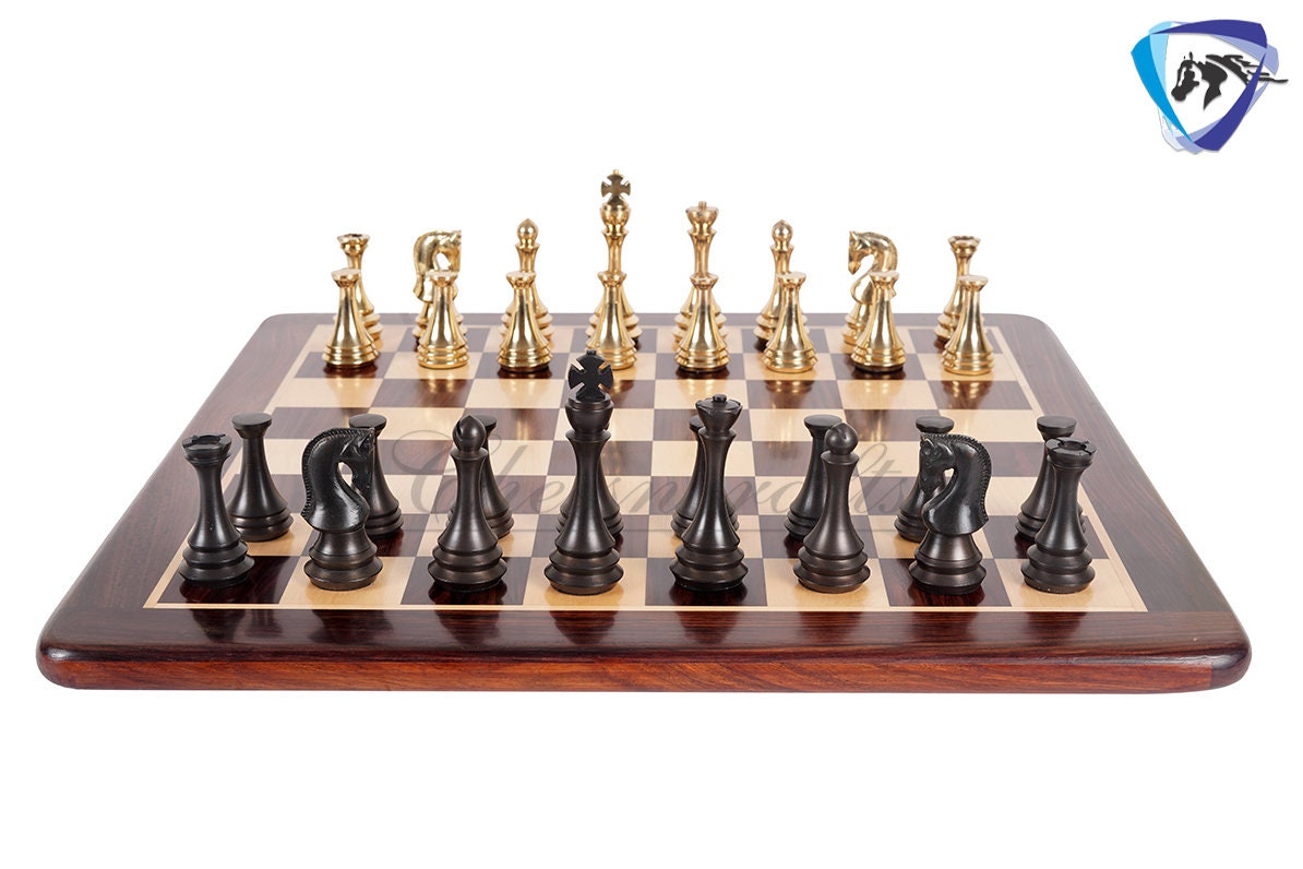 4.4" Brass Russian Zagreb (Leningrad) chess pieces set Antique & GOLD polish / 19" Rosewood(Dark Grain) Chess board Combo- Gift For Him