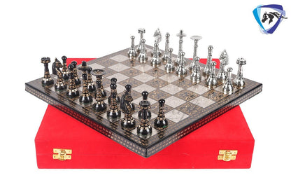 14" Solid Brass Metal Classic HUNGARIAN Hand carved Chess set- Slim chess men Carving with velvet storage box - Brass chess board set