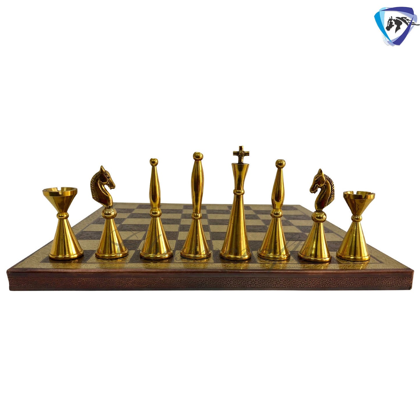 12" Brass Chess Board set- ART DECO TOWER Chess men with Hand Carved chess board + velvet storage box - Gift for Him- Chess Gift