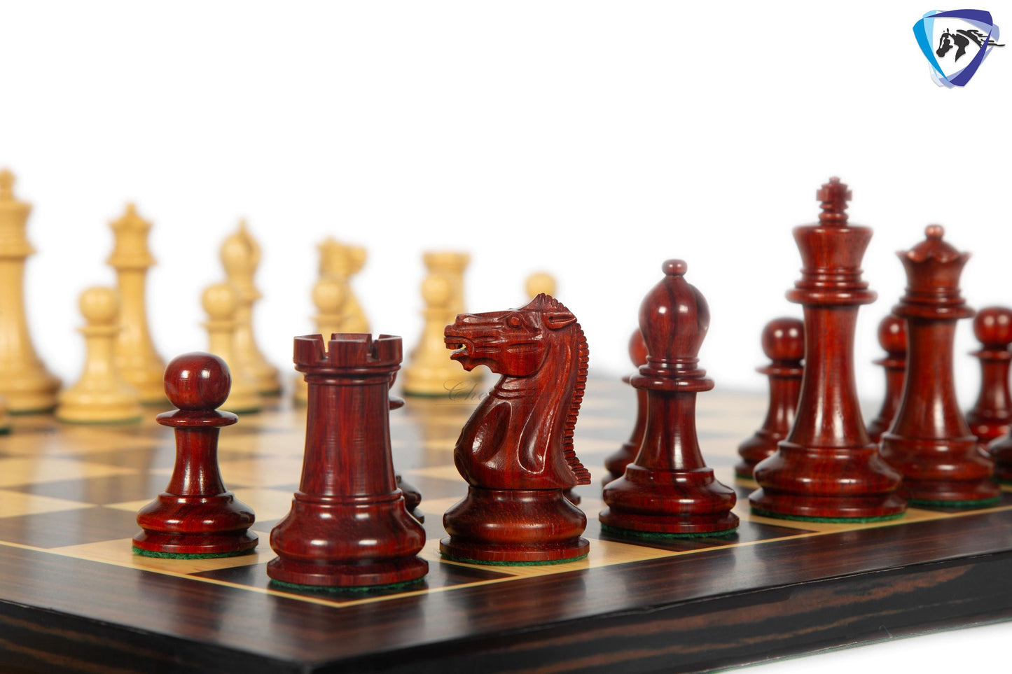 3.75" Staunton Chess Pieces Set 1849 Reproduced in Bud Rosewood & Boxwood + 21" Ebony look chess board(sq 55mm) + Leather Storage box