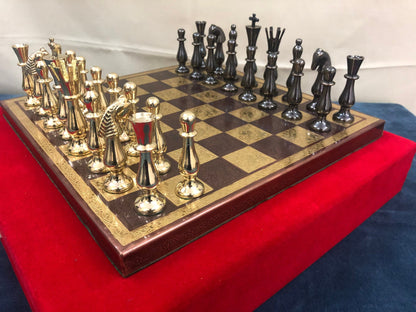 14" Brass Metal Chess Set with Brass chess Board and velvet storage box King 3.5" classical design gold & black glossy pieces.