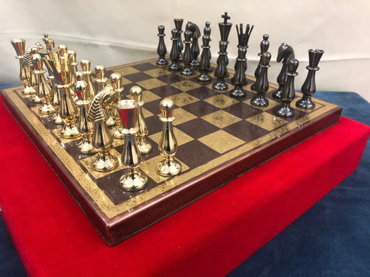 14" Brass Metal Chess Set with Brass chess Board and velvet storage box King 3.5" classical design gold & black glossy pieces.