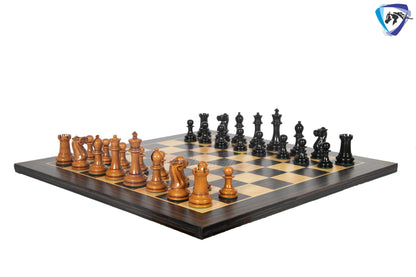 3.75" Staunton Chess Pieces Set 1849 Reproduced Antiqued Distressed & Ebony wood + 21" Ebony look chess board(sq 55mm) + Leather Storage box
