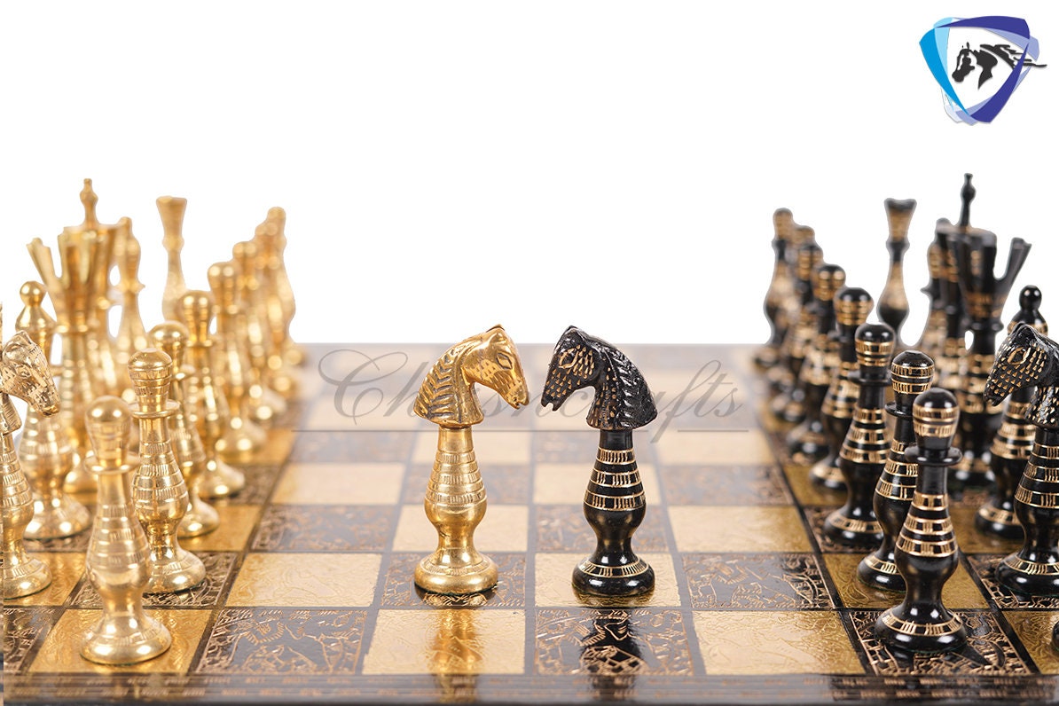 14" Solid Brass Metal Classical Hand carved Chess set- Soviet chess pieces in velvet storage box - Vintage Antique Chess -GOLD BLACK