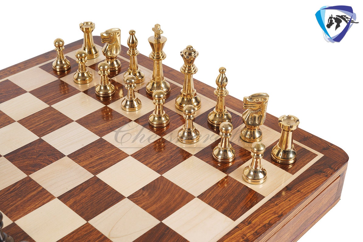 16" Brass Chess Board Set INTERNATIONAL Chess Pieces Black-gold and Rosewood Chess board with Storage drawer | Chess Gift /CHRISTMAS