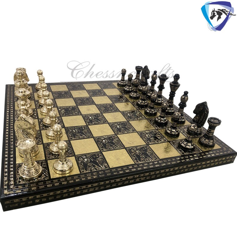 14" Brass Chess Board Set Hand Carved with Brass Staunton chess pieces with storage box | Chess Gift | Other size options: 12" & 10"