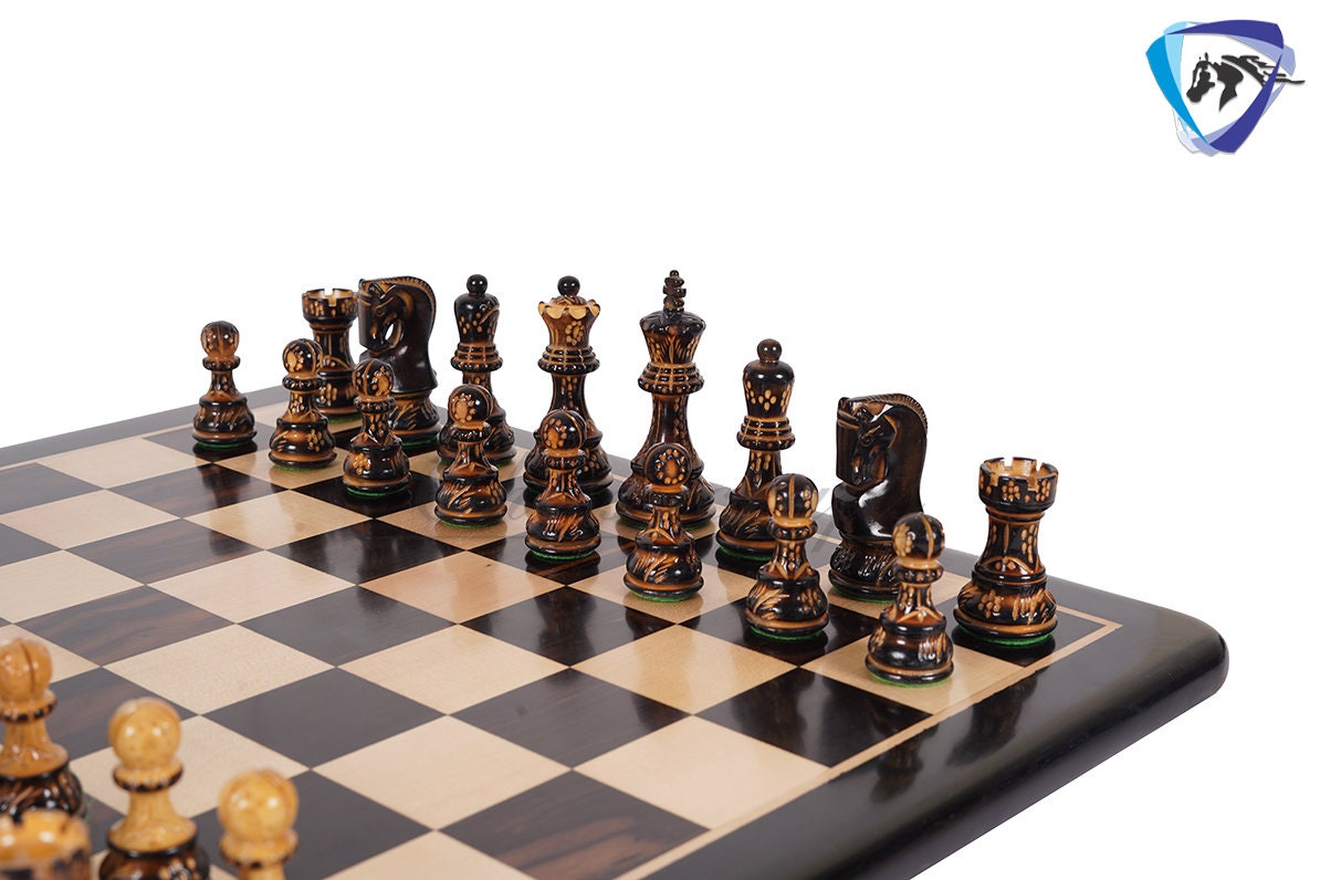 4" Russian Zagreb Chess Pieces set Burnt with Hand Carving broad base, Weighted - 2 extra Queens+19"Ebonywood chess board + Storage Box.