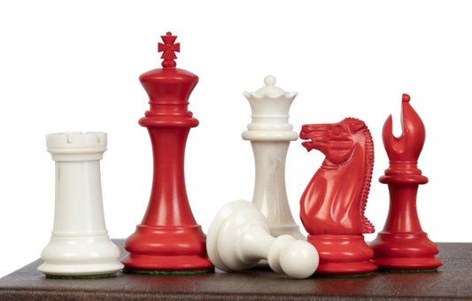 3.75" Camel Bone Staunton chess Pieces set- 1849 reproduced Cooke in Red & white color + 21" Bud rosewood chess board + Leather Storage Box