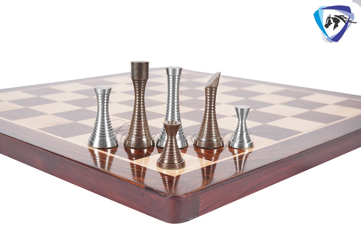 19" Rosewood Chess Board set with 3.5" Solid Brass Chess pieces set RING STEEL SLEEK Silver & Antique Polish Minimalist Chess Board set.