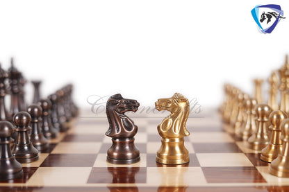 1849 Reproduced Staunton chess pieces set in Brass Metal Antique & Gold polish King: 3.4" + 16" Golden rosewood Chess Board + Storage Box