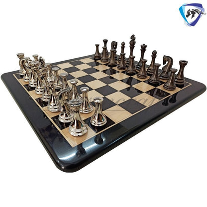 4.4" Brass Metal Russian Zagreb chess pieces set Reproduction Antique & Silver polish / 21" Ebonywood Chess Board Combo- Chess Gift.