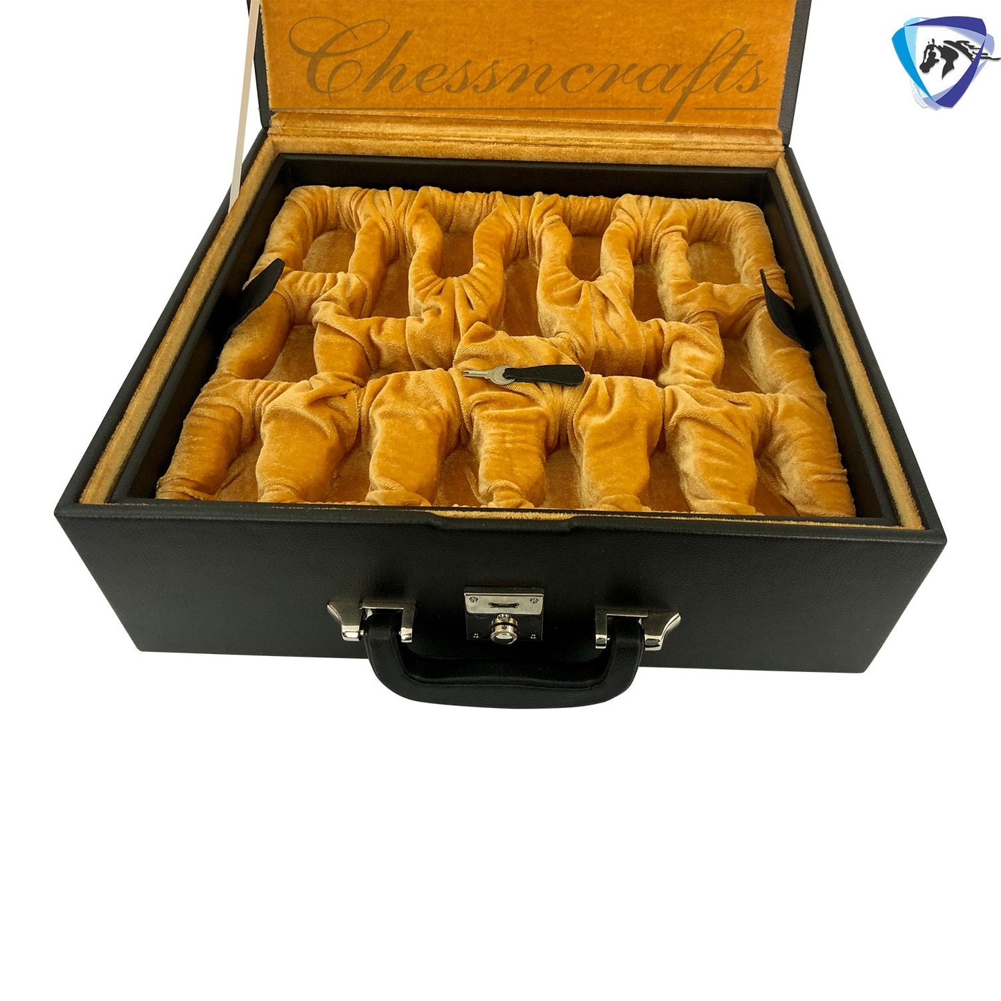 Leatherette Coffer Storage box for Chess Pieces of king Height: 4.0" to 4.5"- 2 Trays, Velvet lining & Lock w/ handle.