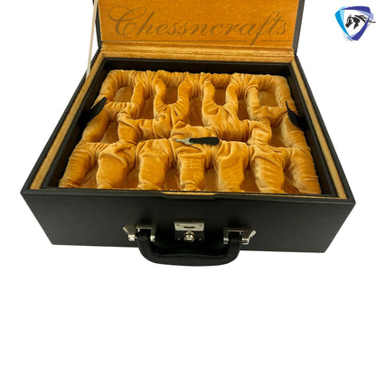 Leatherette Coffer Storage box for Chess Pieces of king Height: 4.0" to 4.5"- 2 Trays, Velvet lining & Lock w/ handle.