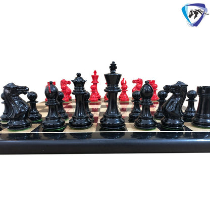 COMBO of 4" Club Staunton Chess Pieces Set Red Black Painted Boxwood Weighted 4Q + 21" Ebonywood Chess Board SQ: 55mm(2.2")