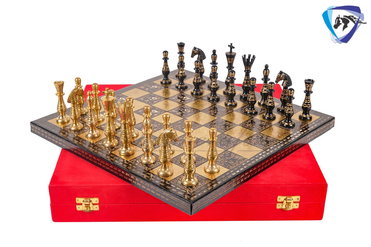 14" Solid Brass Metal Classical Hand carved Chess set- Soviet chess pieces in velvet storage box - Vintage Antique Chess -GOLD BLACK