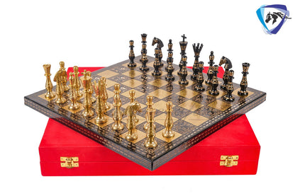 14" Solid Brass Metal Classical Hand carved Chess set- Soviet chess pieces in velvet storage box - Vintage Antique Chess -GOLD BLACK