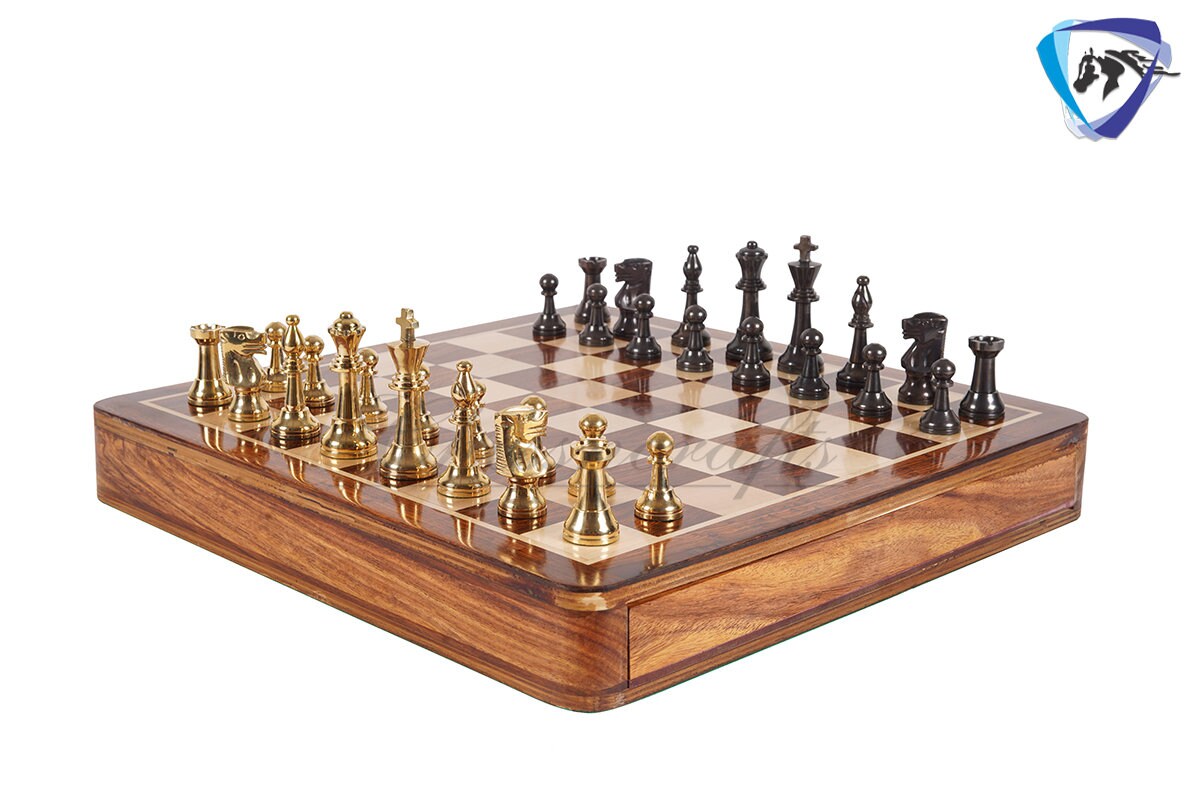 16" Brass Chess Board Set INTERNATIONAL Chess Pieces Black-gold and Rosewood Chess board with Storage drawer | Chess Gift /CHRISTMAS