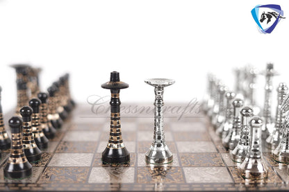 14" Solid Brass Metal Classic HUNGARIAN Hand carved Chess set- Slim chess men Carving with velvet storage box - Brass chess board set