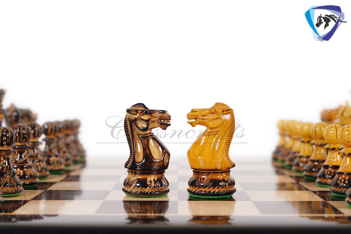 Wooden Staunton Chess set Burnt with Hand Carving King 4" broad base, Weighted & 2 extra Queens