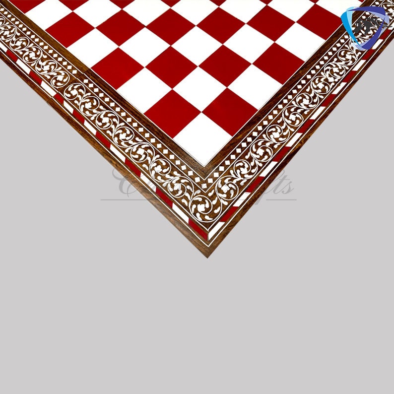 Combo of 16" INLAY ART WORK Wooden folding chess board and 4" Camel Bone Chess pieces Set Red & White