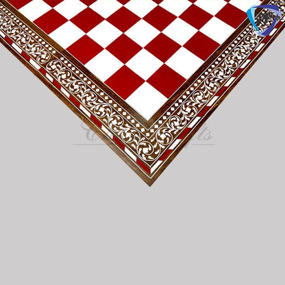 Combo of 16" INLAY ART WORK Wooden folding chess board and 4" Camel Bone Chess pieces Set Red & White