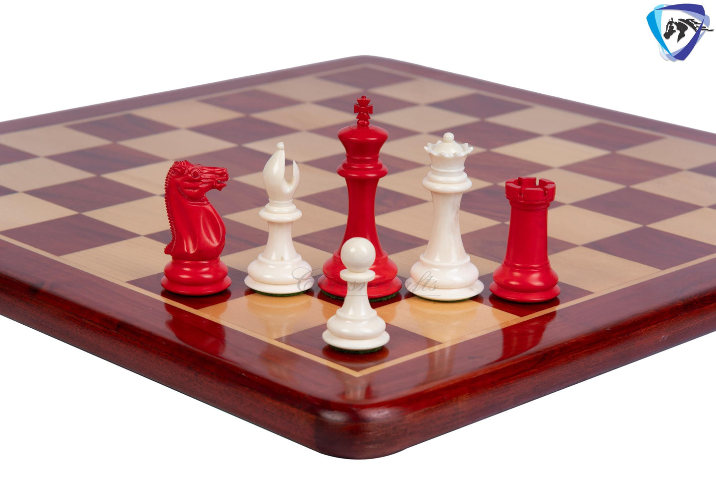 3.75" Camel Bone Staunton chess Pieces set- 1849 reproduced Cooke in Red & white color + 21" Bud rosewood chess board + Leather Storage Box