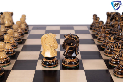 1950 Fischer Dubrovnik Burnt & Carved boxwood chess pieces set King-3.8" + 21" Ebonywood chess board(SQ:55MM) + Leather Storage box-Luxury