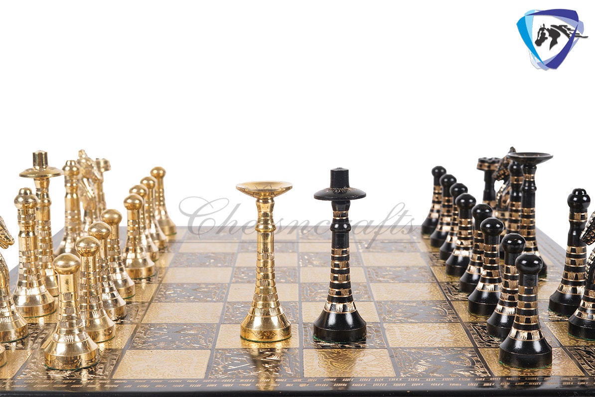 14" Solid Brass Metal Classic HUNGARIAN Hand carved Chess set- BLACK-GOLD Slim chess men Carving with velvet storage box Chess board set.