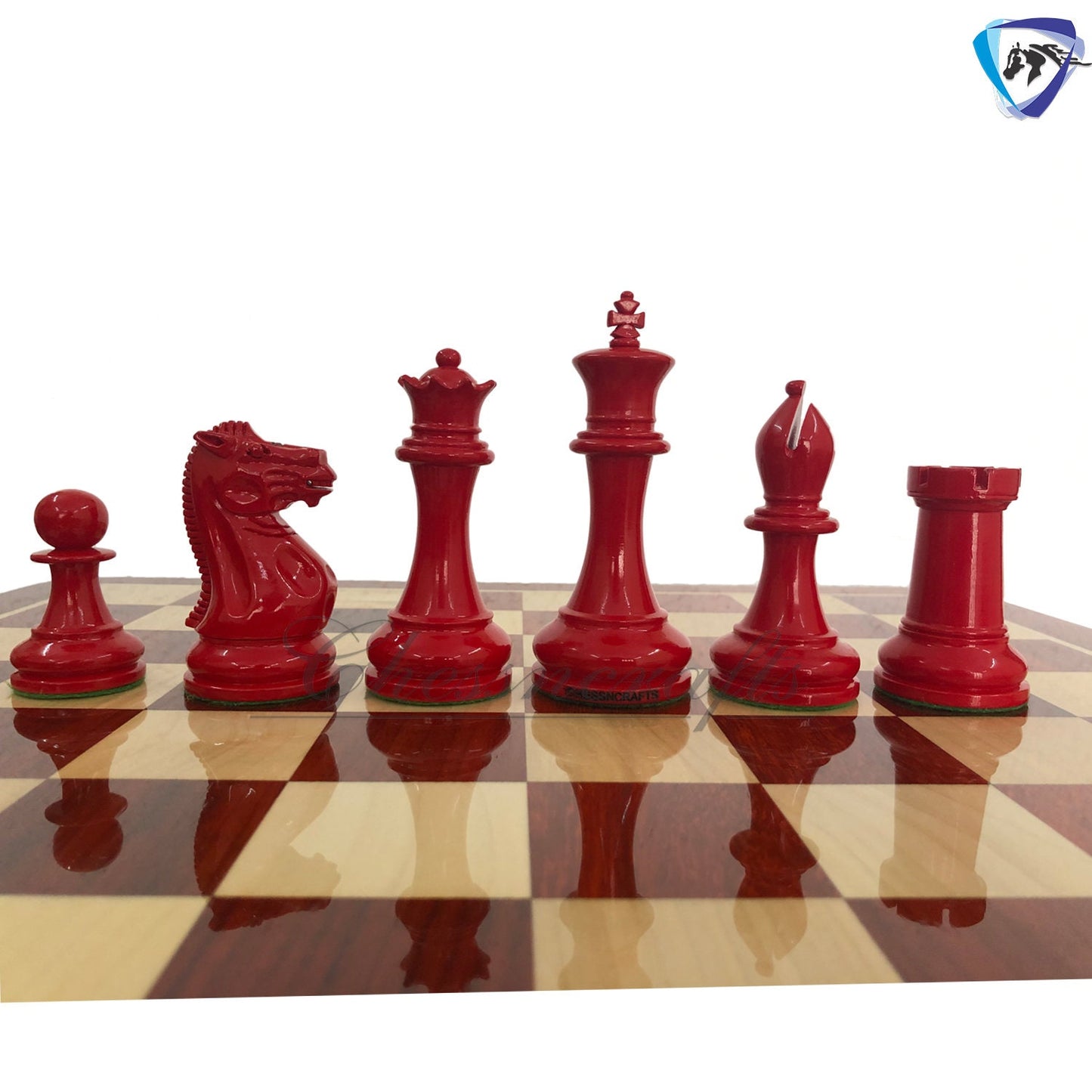 combo of 1849 Reproduced Staunton chess set 4.5" painted with Bud rosewood chess board 19" lacquered