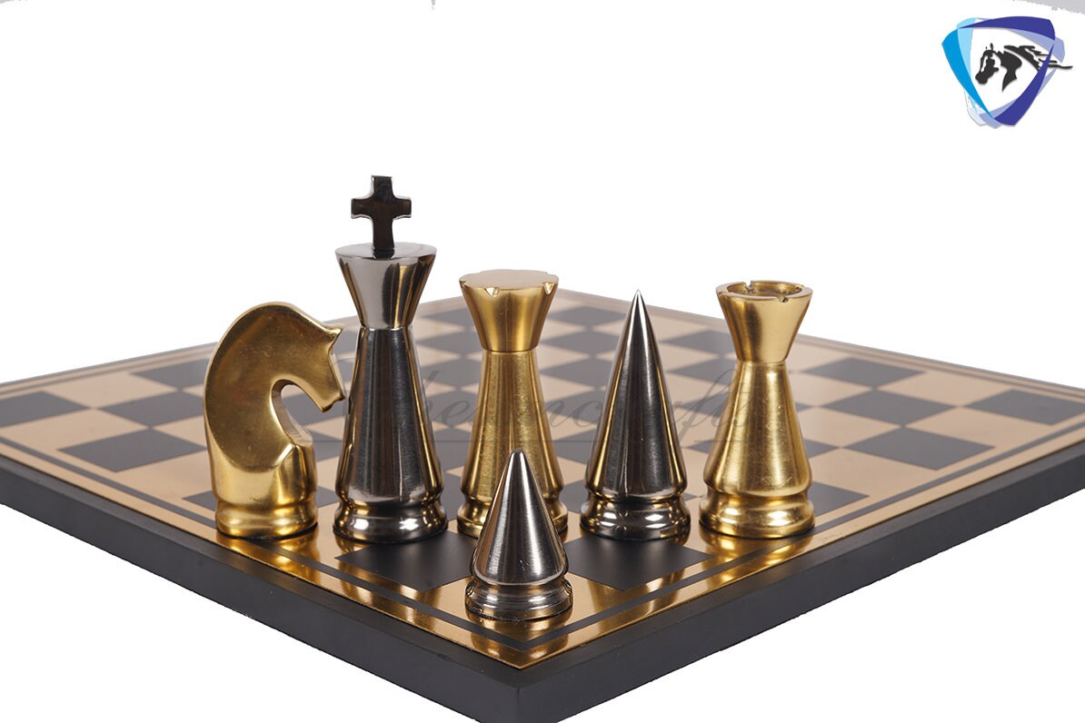 14" ART DECO Metal Chess Board Set designer King 4" Chess pieces with Chess board Modern Home Decor, Chess Gift-Leather Box