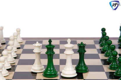 3.75" Camel Bone Staunton chess Pieces set- 1849 reproduced Cooke in Green-White + 21" Ebony wood chess board + Leather Storage Box