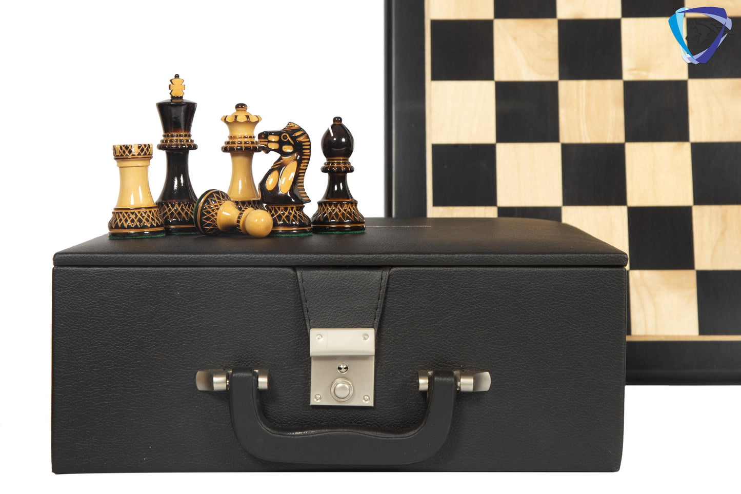 4" Staunton Chess Pieces set Burnt PARKER with Hand Carving broad base, Weighted + 19" Ebonywood chess board(sq 51mm) + Leather Storage Box