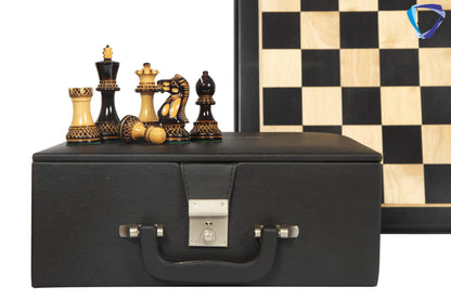 4" Staunton Chess Pieces set Burnt PARKER with Hand Carving broad base, Weighted + 19" Ebonywood chess board(sq 51mm) + Leather Storage Box