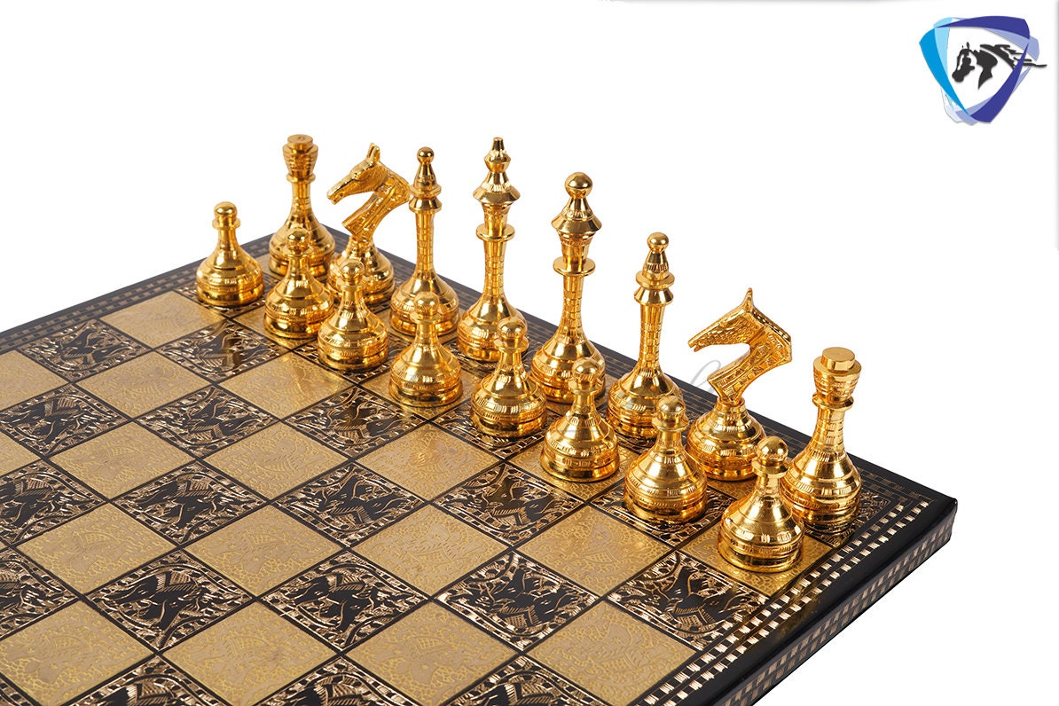 14" Solid Brass Metal Chess set- Russian Soviet Chess with Carving & Velvet storage box - Vintage Collector antique set