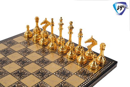 14" Solid Brass Metal Chess set- Russian Soviet Chess with Carving & Velvet storage box - Vintage Collector antique set