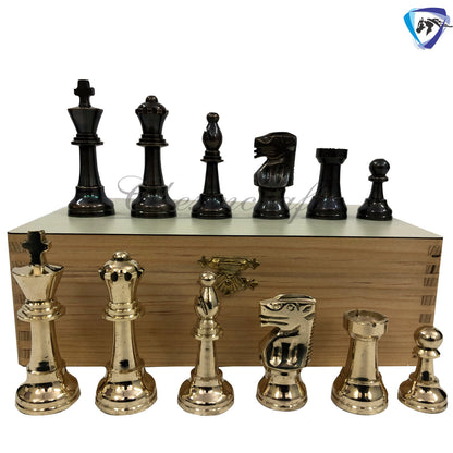 3.25" Brass Chess pieces set-Staunton Chess pieces-FRENCH LARDY in Gold & Antique polish  with Wooden storage box - Extra Queens ( 4Q)