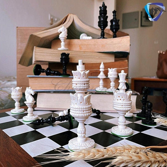 4.1" Camel bone chess set Lotus handmade Carved chess pieces | chess gift| christmas gift | chess board set | Inlaid foldable chess board