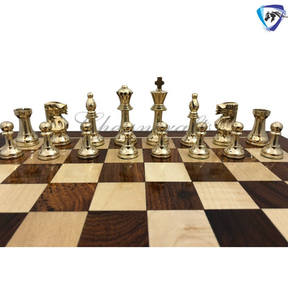 Brass Metal Staunton chess set & Rosewood chess board with storage 16"x16"- Glossy gold black chess men